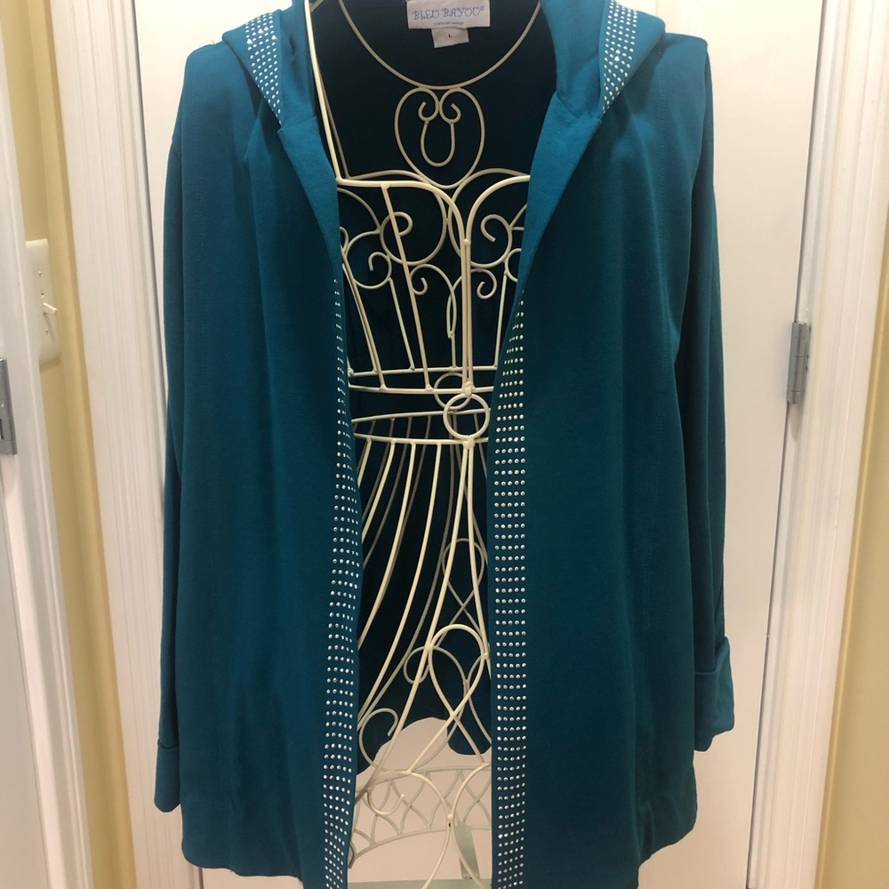 Bleu Bayou, SIZE L, Teal Hooded Shacket with studded trim